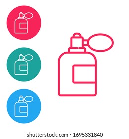Red line Aftershave bottle with atomizer icon isolated on white background. Cologne spray icon. Male perfume bottle. Set icons in circle buttons. Vector Illustration