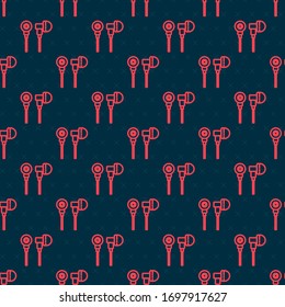 Red line Air headphones icon icon isolated seamless pattern on black background. Holder wireless in case earphones garniture electronic gadget.  Vector Illustration