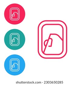 Red line Airplane window icon isolated on white background. Aircraft porthole. Set icons in circle buttons. Vector