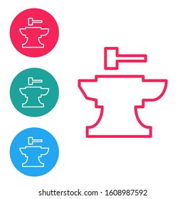 Red line Anvil for blacksmithing and hammer icon isolated on white background. Metal forging. Forge tool. Set icons in circle buttons. Vector Illustration