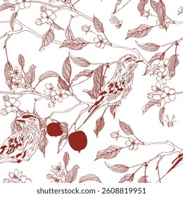 Red line apple branch with birds on it. Blooming branch of sakura apple tree seamless pattern.