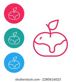 Red line Apple in caramel icon isolated on white background. Set icons in circle buttons. Vector