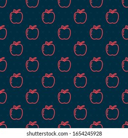 Icono de la línea roja Apple aislado sin fisuras en fondo negro. Fruta con símbolo de hoja.  Ilustración vectorial