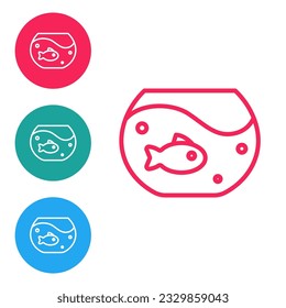 Red line Aquarium with fish icon isolated on white background. Round glass aquarium. Aquarium for home and pets. Set icons in circle buttons. Vector