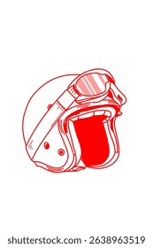 Red Line art drawing scooter retro helmet with sunvisor. Helmet Blue print