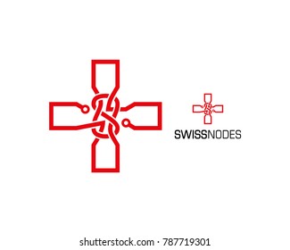 Red Line Art Electronic Circuit Board Plus like Knot Rope - Swiss Nodes Symbol Logo Vector