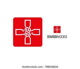Red Line Art Electronic Circuit Board Plus like Knot Rope - Swiss Nodes Symbol Flat Logo Vector