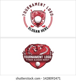 Red line art emblem logo design stick golf and ball with snake scorpion suitable for sport club team tournament