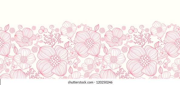 Red line art flowers horizontal seamless pattern border