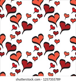 Red Line Art hearts with Black contour different directions and sizes seamless pattern on White background