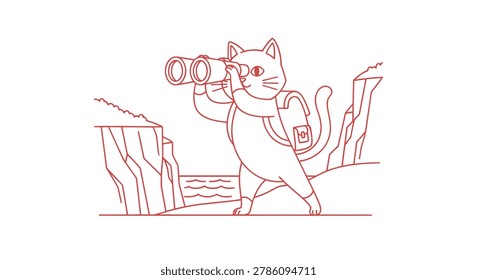 Red line art illustration of a cute cat hiker wearing a backpack and looking through binoculars from a cliff overlooking the sea.