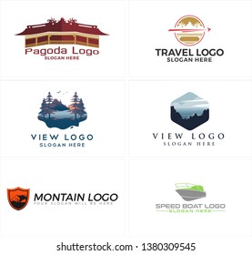 Red line art logo design illustration vector pagoda and scenery mountain logo design suitable for travel hotel outdoor country holiday