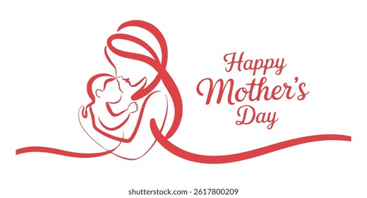 Red line art loving embrace illustration of mother and child for Happy Mother's Day.