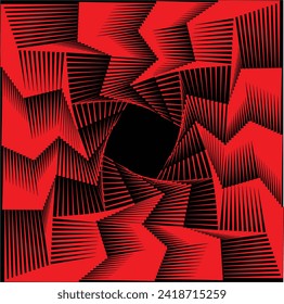 Optische Kunst der roten Linie. Psychedelischer Hintergrund. einfarbiger Hintergrund. Optischer Täuschungsstil. Schwarz-dunkler Hintergrund. Modernes Muster. Abstrakte grafische Textur. Grafische Ornament