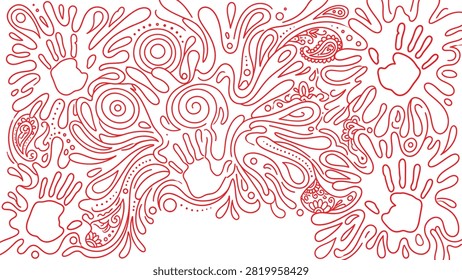 red line art pattern featuring handprints and abstract swirls