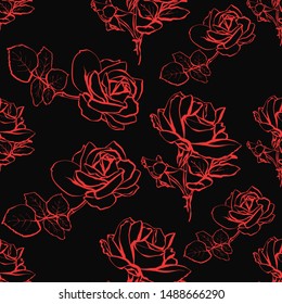 Red line art rose flower seamless. Floral pattern on black background. Vector hand drawn illustration.