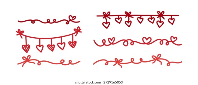 Conjunto de arte de línea roja de divisores románticos, bordes y guirnaldas con corazones y arcos. Elementos decorativos dibujados a mano para cartas de amor y diseños de San Valentín. Romántico doodle bordes y divisores.