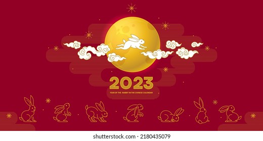 Red line art vector banner, poster, premade card template. Chinese illustration of the Rabbit Zodiac sign. Symbol of 2023 in the Chinese Lunar calendar, isolated. Black Water Rabbit, Chine Calendar.