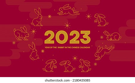 Banner vectorial de línea roja, afiche, plantilla de tarjeta prehecha. Ilustración china del signo conejo zodiaco. Símbolo de 2023 en el calendario lunar chino, aislado. Conejo de Agua Negra, Calendario de Chine.