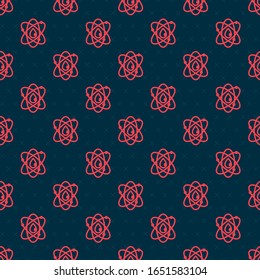Red line Atom icon isolated seamless pattern on black background. Symbol of science, education, nuclear physics, scientific research.  Vector Illustration