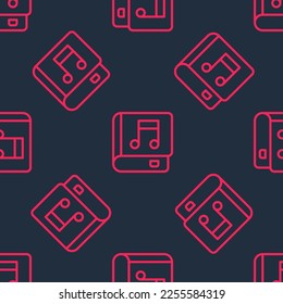 Red line Audio book icon isolated seamless pattern on black background. Musical note with book. Audio guide sign. Online learning concept.  Vector