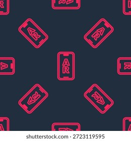 Red line Augmented reality AR icon isolated seamless pattern on black background. Virtual futuristic wearable devices.  Vector