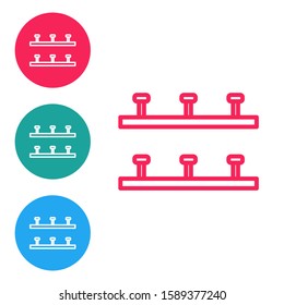 Red line Automatic irrigation sprinklers icon isolated on white background. Watering equipment. Garden element. Spray gun icon. Set icons in circle buttons. Vector Illustration