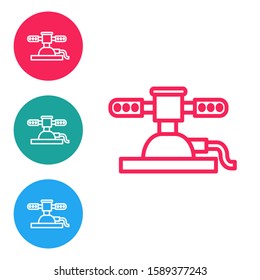 Red line Automatic irrigation sprinklers icon isolated on white background. Watering equipment. Garden element. Spray gun icon. Set icons in circle buttons. Vector Illustration