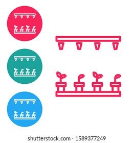 Red line Automatic irrigation sprinklers icon isolated on white background. Watering equipment. Garden element. Spray gun icon. Set icons in circle buttons. Vector Illustration