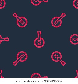 Red line Banjo icon isolated seamless pattern on black background. Musical instrument.  Vector