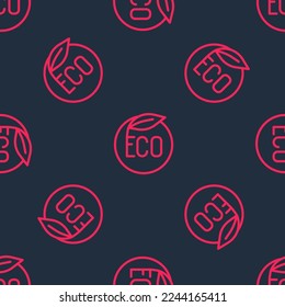 Red line Banner, label, tag, logo for eco green healthy food icon isolated seamless pattern on black background. Organic product. Healthy food sticker.  Vector