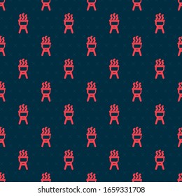 Red line Barbecue grill icon isolated seamless pattern on black background. BBQ grill party.  Vector Illustration