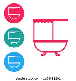 Red line Bathtub with open shower curtain icon isolated on white background. Set icons in circle buttons. Vector Illustration