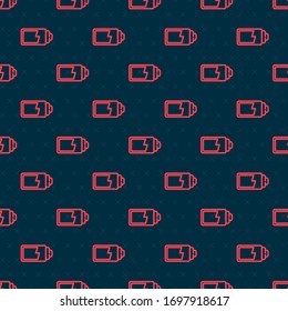 Red line Battery charge level indicator icon isolated seamless pattern on black background.  Vector Illustration