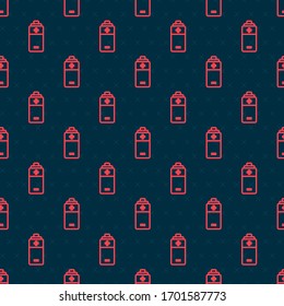 Red line Battery icon isolated seamless pattern on black background. Lightning bolt symbol.  Vector Illustration