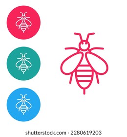 Red line Bee icon isolated on white background. Sweet natural food. Honeybee or apis with wings symbol. Flying insect. Set icons in circle buttons. Vector