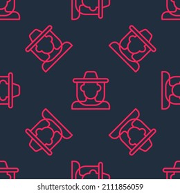 Red line Beekeeper with protect hat icon isolated seamless pattern on black background. Special protective uniform.  Vector