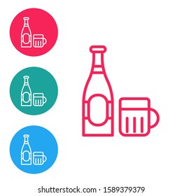 Red line Beer bottle and glass icon isolated on white background. Alcohol Drink symbol. Set icons in circle buttons. Vector Illustration