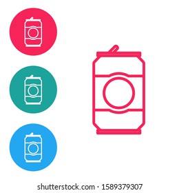 Red line Beer can icon isolated on white background. Set icons in circle buttons. Vector Illustration