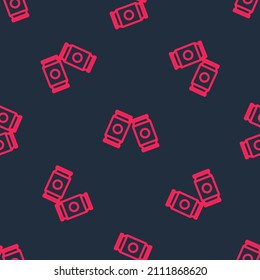 Red line Beer can icon isolated seamless pattern on black background.  Vector