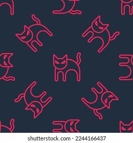 Red line Black cat icon isolated seamless pattern on black background. Happy Halloween party.  Vector