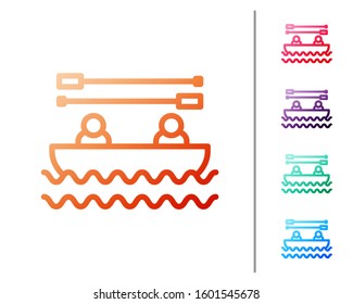 Red line Boat with oars and people icon isolated on white background. Water sports, extreme sports, holiday, vacation, team building. Set color icons. Vector Illustration