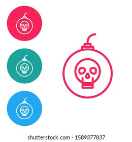 Red line Bomb ready to explode icon isolated on white background. Happy Halloween party. Set icons in circle buttons. Vector Illustration