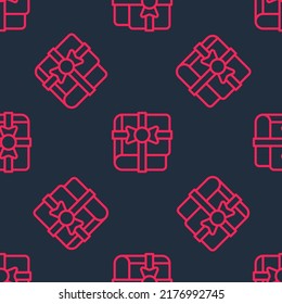 Libro de línea roja como icono de regalo aislado patrón sin fisuras sobre fondo negro.  Vector