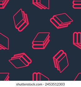 Línea roja Icono del libro aislado patrón sin fisuras sobre fondo negro.  Vector
