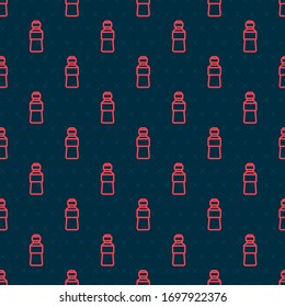 Red line Bottle of water icon isolated seamless pattern on black background. Soda aqua drink sign.  Vector Illustration
