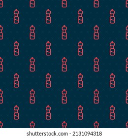 Red line Bottle of water icon isolated seamless pattern on black background. Soda aqua drink sign.  Vector Illustration