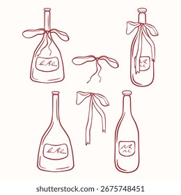 Red line bottles with bows, vector art