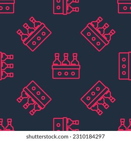 Red line Bottles of wine in a wooden box icon isolated seamless pattern on black background. Wine bottles in a wooden crate icon.  Vector