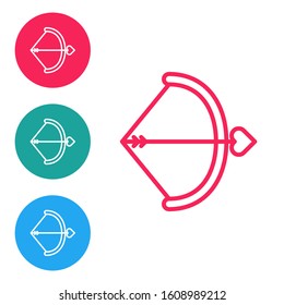 Red line Bow and arrow icon isolated on white background. Cupid symbol. Love sign. Valentines day concept. Set icons in circle buttons. Vector Illustration